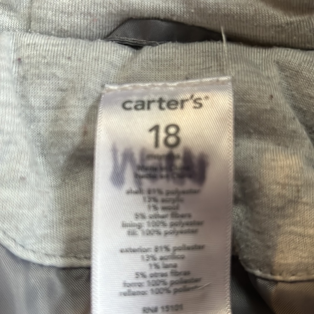 Carter’s gray hooded coat. Zips and buttons, size 18 months. - Picture 5 of 9
